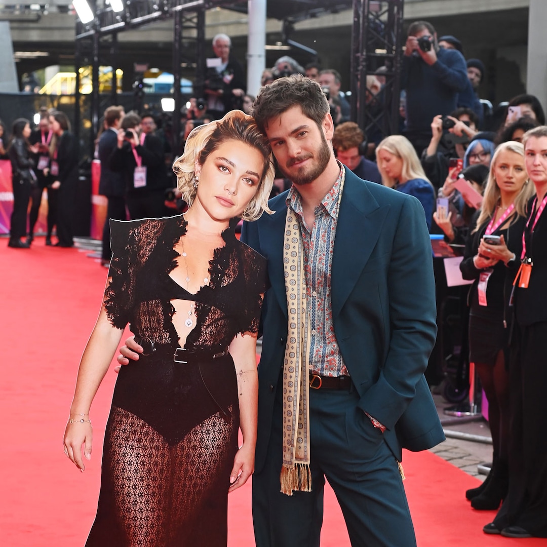 Florence Pugh reacts to Andrew Garfield's cardboard cutout of her